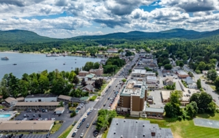 Aerial view of Lake George village and popular attractions