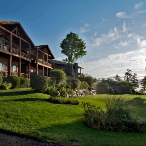 Two story log cabins near Lake George.